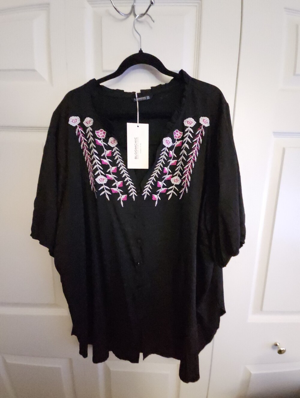 Bloomchic 26 Black Embroidered V-Neck Women’s Top with Pink Floral Detail